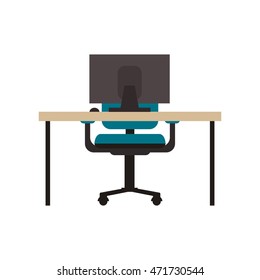 flat design workplace desk chair and computer icon vector illustration