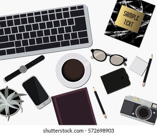 Flat design of workplace with different gadgets and office elements. Vector illustration