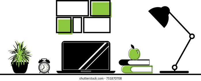 Flat design of workspace. Black line workplace with color accents. Isolated. Vector illustration