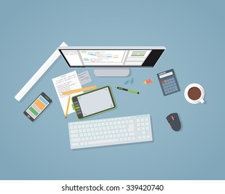 Flat design workspace of web developer. Designer items, computer, tablet, other items.