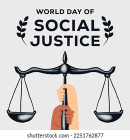 flat design world day of social justice with hands holding scales justice