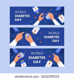 Flat design World Diabetes Day horizontal banner template. Clean illustration blood glucose meter, health icons. Perfect for awareness banners, social media, and medical campaigns.