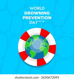 Flat design of World Drowning Prevention Day with a lifebuoy encircling the Earth, symbolizing global water safety awareness.