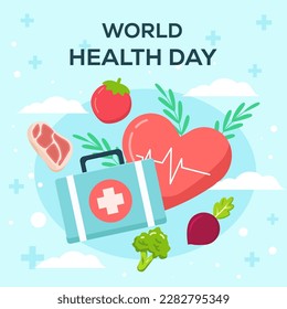flat design world health day illustration with medical bag, vegetables, and meat