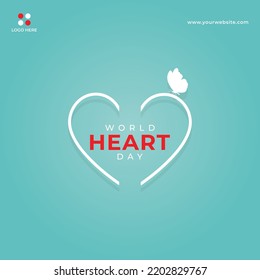 Flat design world heart day social media banner background concept with white heart and butterfly