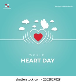 Flat design world heart day social media banner background concept with white cloud and butterfly