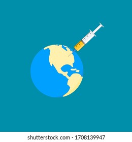 Flat design world injected with vaccine syringe concept for Coronavirus 2019 disease (COVID-19). Use for Graphic, Vector illustrations, ad, artwork, template.