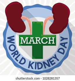 Flat design for World Kidney Day with round button with long shadow effect, a green cross symbol of good health and a couple of kidneys, ready to celebrate this holiday in March.