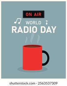  Flat Design World Radio Day Illustration with Lattee and Cup, Music