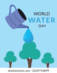 Flat Design World Water Day Illustration with WateringCan and Water Drop,Tree
