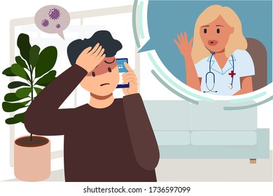 Flat entwirft einen besorgten Mann, der einen Arzt in Quarantäne ruft. Illustration Kunst und Vektor.