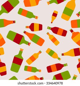 Flat design wrapping paper with yellow, red and green bottles. Vector seamless pattern.