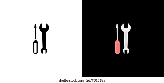 Iconos de llave de diseño plano y destornillador en versión en blanco y negro. Perfecto para temas de reparación, mantenimiento y construcción.