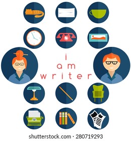 flat design writer web icons set
