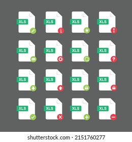Diseño plano con conjunto de iconos de archivos XLS, conjunto de símbolos, ilustración de elementos de diseño vectorial