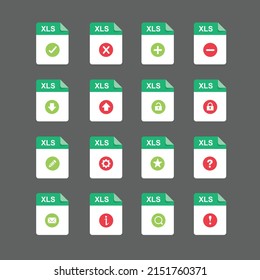 Diseño plano con conjunto de iconos de archivos XLS, conjunto de símbolos, ilustración de elementos de diseño vectorial