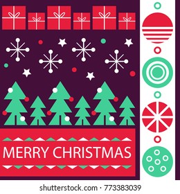 Flat design Xmas decorative items featuring gifts, snowflakes. Christmas tree with balls, stars. Christmas Greeting Card. Year posters, banners, pattern.