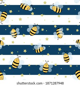 Flat design yellow beees, flying over a blue and white striped background