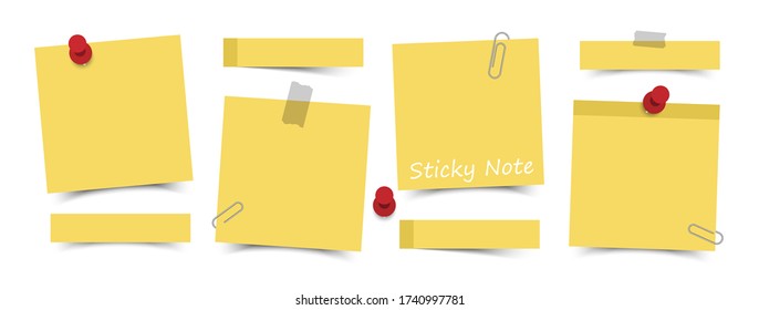 Flat design yellow color sticky notes with red pin , adhesive tape and paper clip on white board background . Vector .