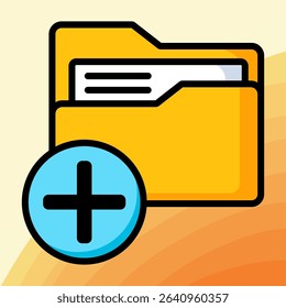 Flat design of a yellow folder with a document inside and a blue plus icon, symbolizing the creation of a new folder in a digital interface.