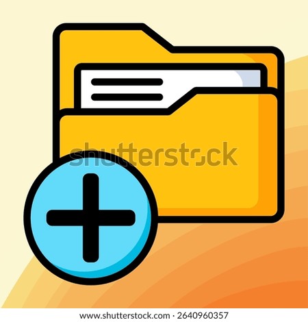Flat design of a yellow folder with a document inside and a blue plus icon, symbolizing the creation of a new folder in a digital interface.