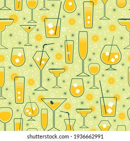 Flat design of yellow orange juice cocktail beverages in different glasses pattern. Vector seamless pattern design for textile, fashion, paper, packaging, wrapping and branding