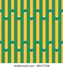 Flat design yellow pencils on green background seamless pattern.