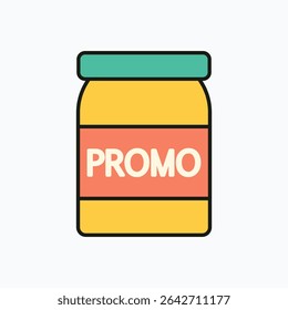 Flat design yellow product jar with red promotional label and green lid on white background