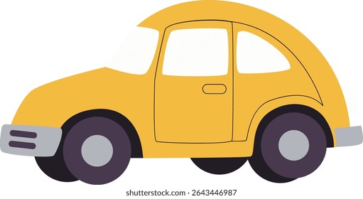 Flat design of a yellow retro car with wheels, perfect for transportation, travel, and vehicle illustrations in educational or creative contexts.