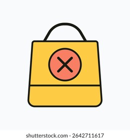 Flat design yellow shopping bag with red cross icon indicating canceled or rejected purchase