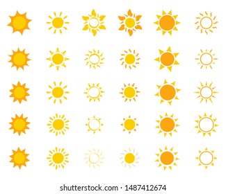 Flat design yellow sun icon Set. Cartoon Hot Suns with orange rays vector illustration. Circle Sun glint.Good Weather summer simbol. Hand Drawing Gleam Star. Сute Summer Sun Logo