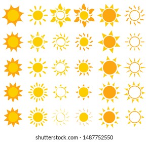 Flat design yellow sun icon Set. Cartoon Hot Suns with orange rays vector illustration. Circle Sun glint.Good Weather summer simbol. Hand Drawing Gleam Star. Сute Summer Sun Logo