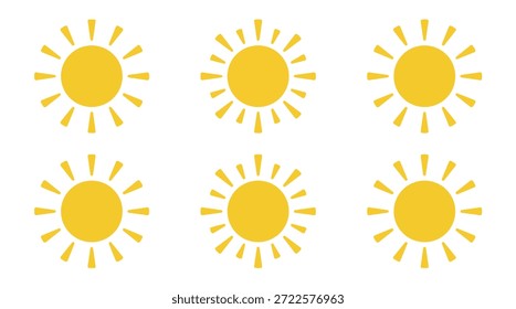 Flachdesign Yellow Sun Icons Collection für Wettervorhersage, Sommer UI-Elemente und helle Energiekonzepte auf weißem Hintergrund