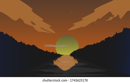 the flat design of yellow sunset in the evening