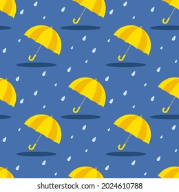 flat design yellow umbrella on rainy day seamless pattern