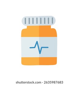 Design plano de um frasco de medicamento amarelo-laranja com rótulo, usado para prescrições e cuidados farmacêuticos