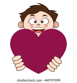 flat design young boy holding cartoon heart icon vector illustration