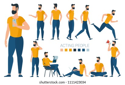 Flat design young businessman character to compouse your scenes and animation. Various gestures and poses vector design element set.