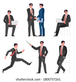 Flat design young businessman pose set, handshaking, working with notebook running, making presentation, waiting in the office.