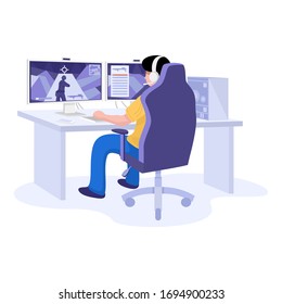 Flat design, Young gamer playing online video game wearing headphone.