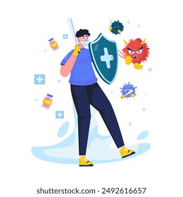 Flat design of a young man fighting a virus with a sword, Medical healtcare flat vector illustration
