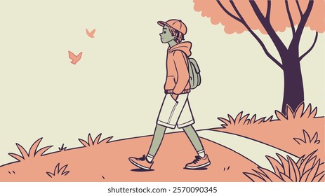 Flat Design of a Young Man in Good Mood Walking Vector Illustration