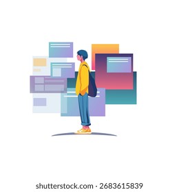 Design plano jovem procurando ideia de plataforma de mídia social e tecnologia 