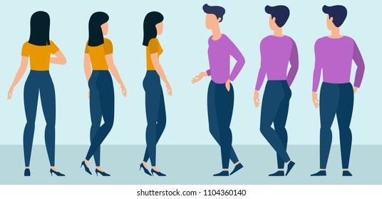 Flat design young man and woman ready to animation characters to compouse your scenes and animation. Back and side views. Various gestures and poses vector design element set.