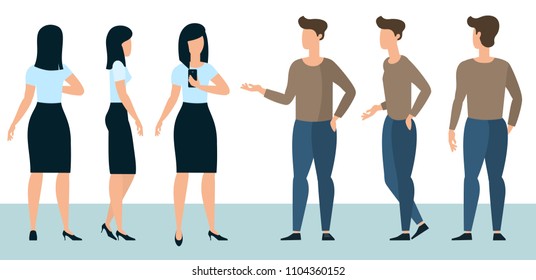 Flat design young man and woman ready to animation characters to compouse your scenes and animation. Front, back and side views. Various gestures and poses vector design element set.