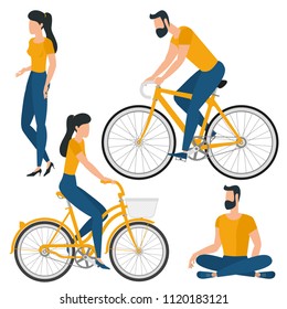 Flat design young man and woman ready to animation characters to compouse your scenes and animation. Back and side views. Various gestures and poses vector design element set.