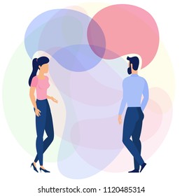 Flat design young man and woman with speach bubbles communicating ready to animation characters to compouse your scenes and animation. Office work and business, creative teamwork illustration. 