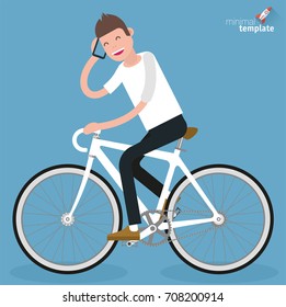 Flat design young men riding bicycle and speaking phone vector icon concept template.