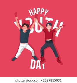 Flat design young people having fun waving hand flat vector illustration. Smiling man and woman on white background.