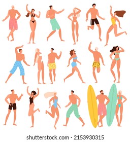 Flaches Design junge Menschen entspannen am Strand, Posen und Aktivitäten. Frauen, die sich sonnen, sitzen, stehen, laufen, Schnabelspiele Meer-, Sommerferien Sonnenbaden, Relax, flaches Vektorkonzept